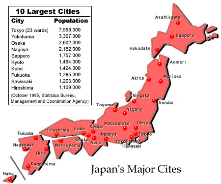 This map lays out Japans largest cities, showing the population of the top 10.