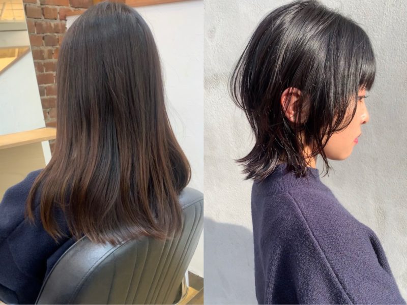 ロングヘアからウルフヘアにカットした女性のビフォーアフター写真
