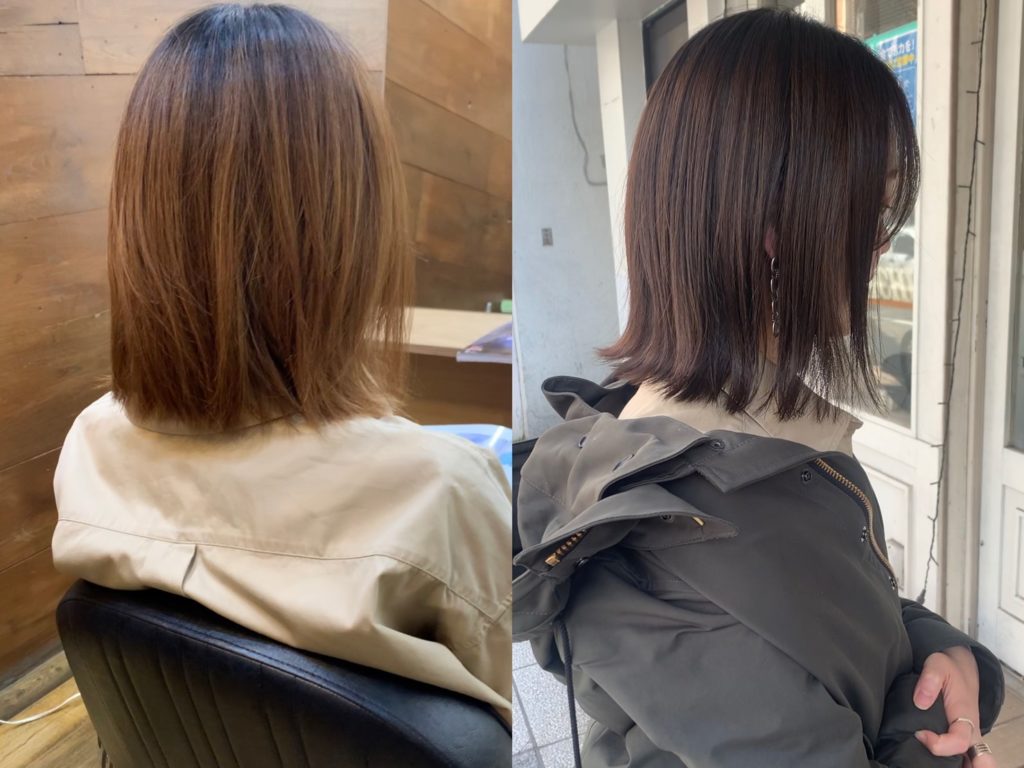 伸ばしたボブを切りっぱなしボブにした女性の写真