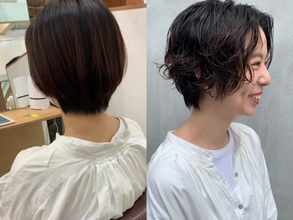 ショートヘアの女性がパーマをかけたビフォーアフターの写真