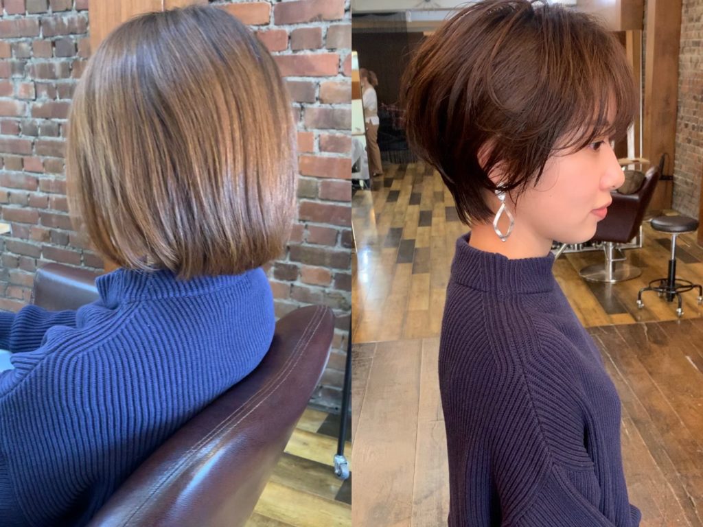 ボブヘアからショートヘアにカットした女性の写真