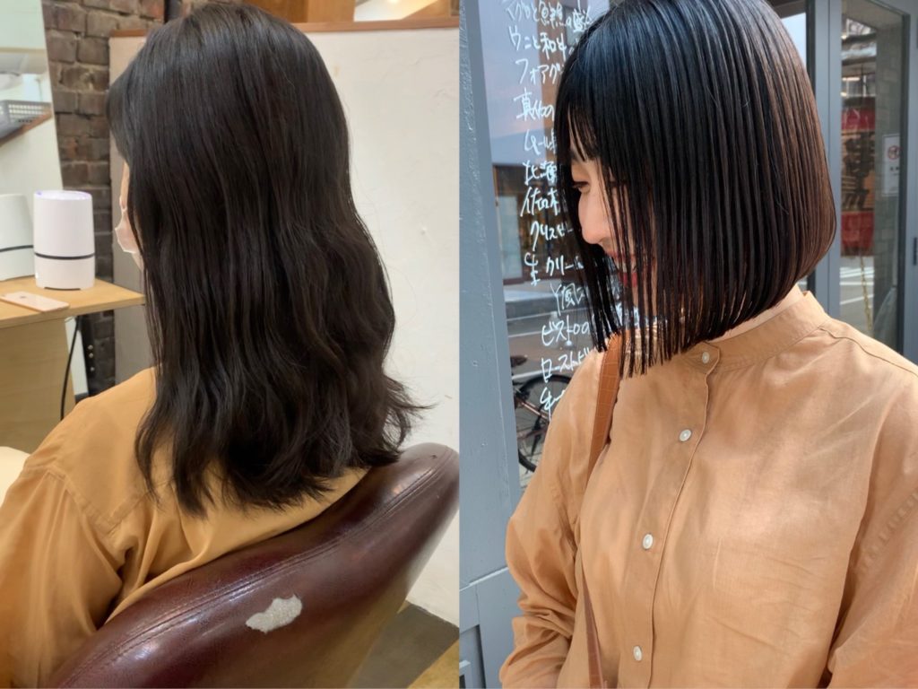 ウェーブヘアからストレートヘアになった女性のビフォーアフター写真