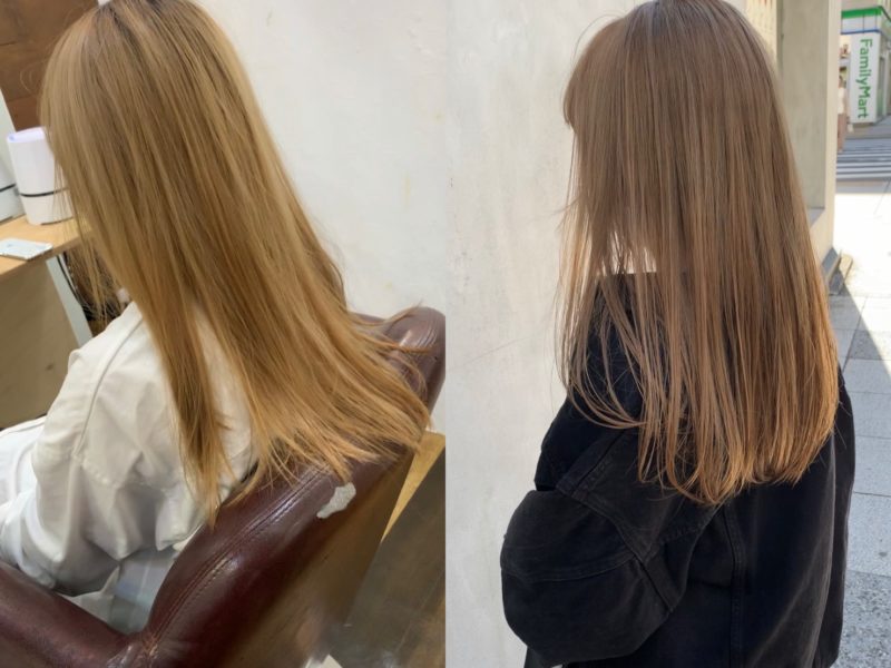 ロングヘアの女性の美容室でのビフォーアフタ写真