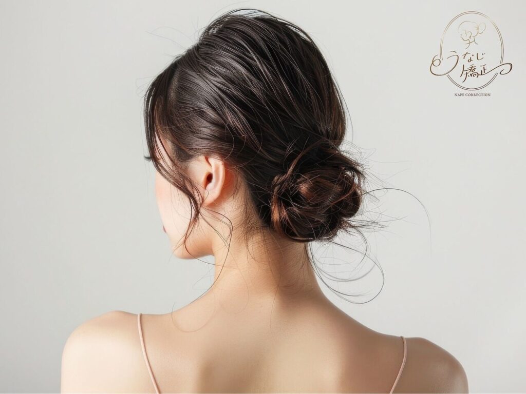 低めの位置のお団子ヘアの女性のうなじの画像